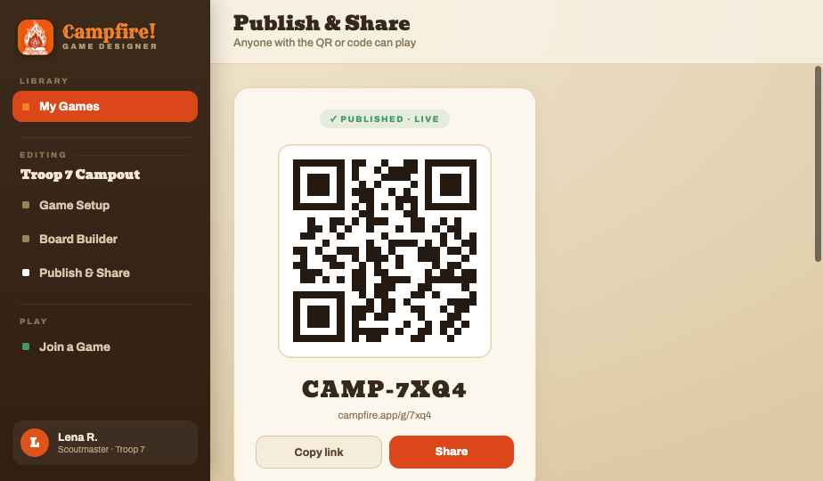 Publish screen with QR code and join code